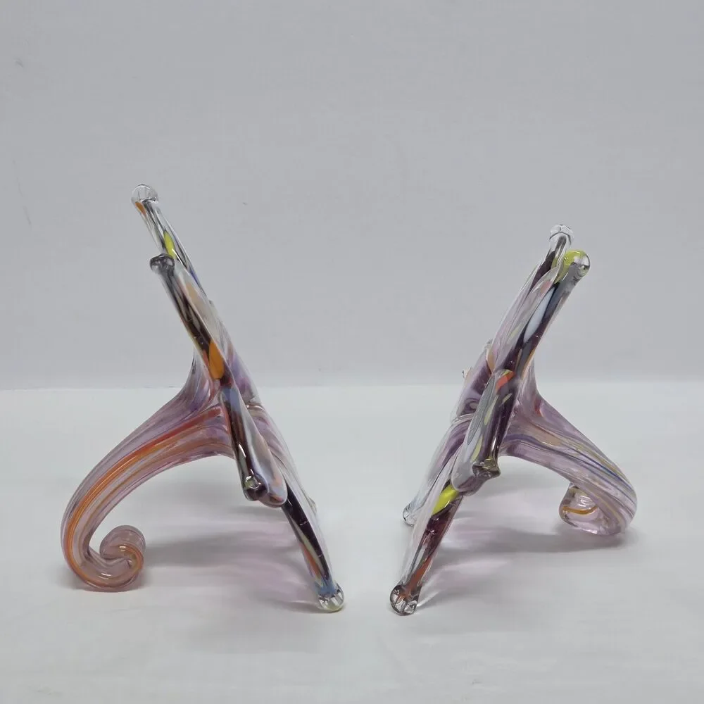 Murano Style Blown Glass Flower Set Of 2 Purple Clear Made in Italy New